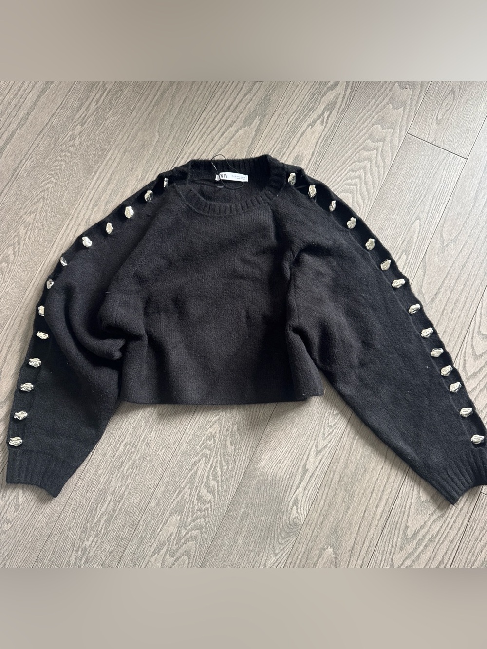 Zara Black Crewneck Sweater with silver Sleeve Accents
